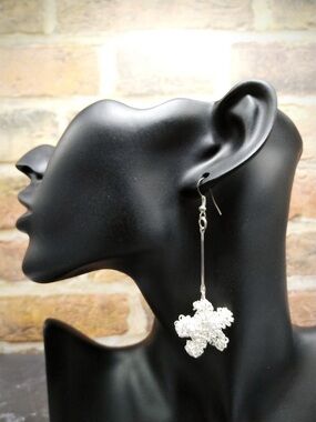 Silver Wire Mesh Filigree Flower Long Bar Drop Statement Earrings